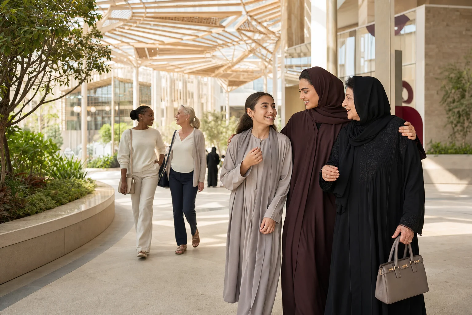 Women gathering in a bright civic pavilion