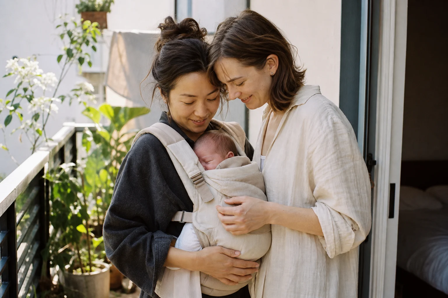 A parent holding a newborn in natural daylight
