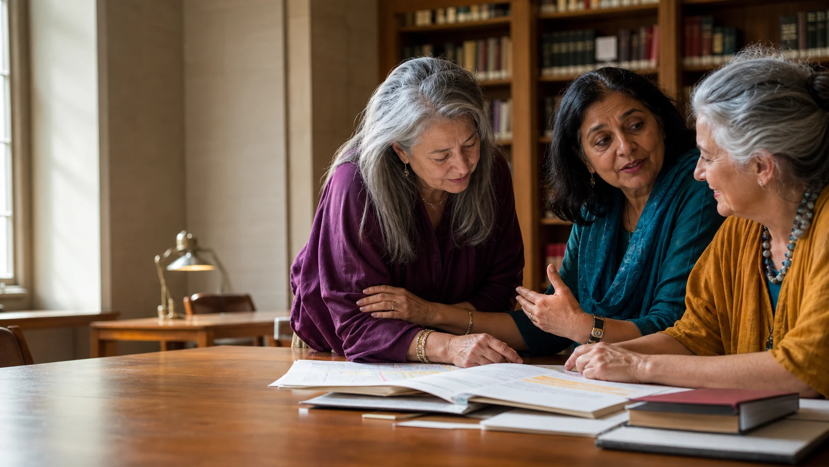 Three women discuss a plan together in a sunlit library