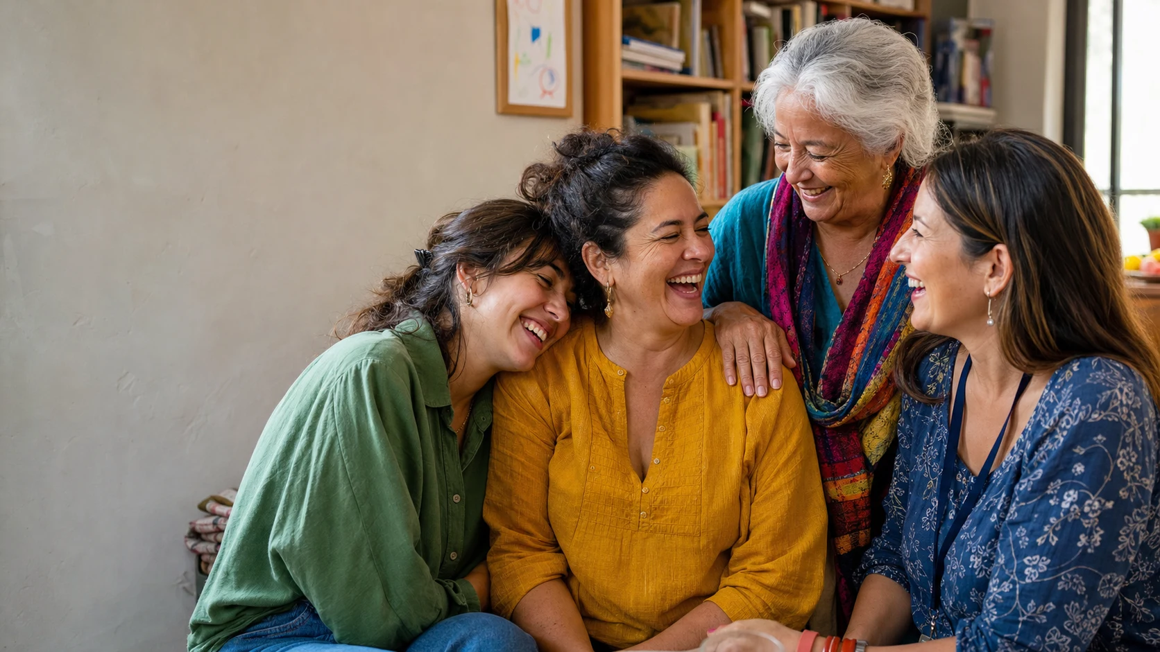 Three generations of women sharing unguarded laughter with a trusted health professional at home