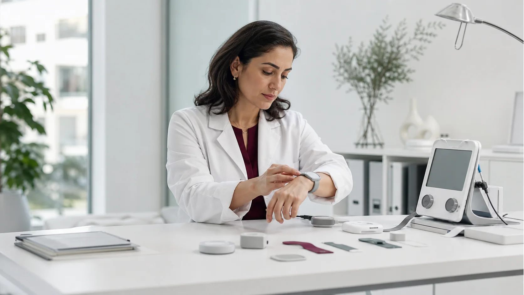 Un médico examina cuidadosamente un sensor de salud con un paciente