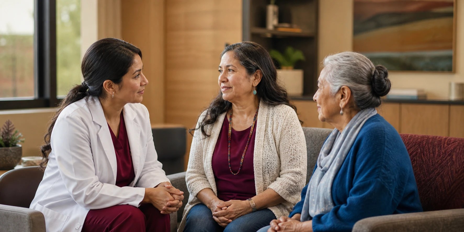 Un médico escucha a dos mujeres durante una conversación de cuidado