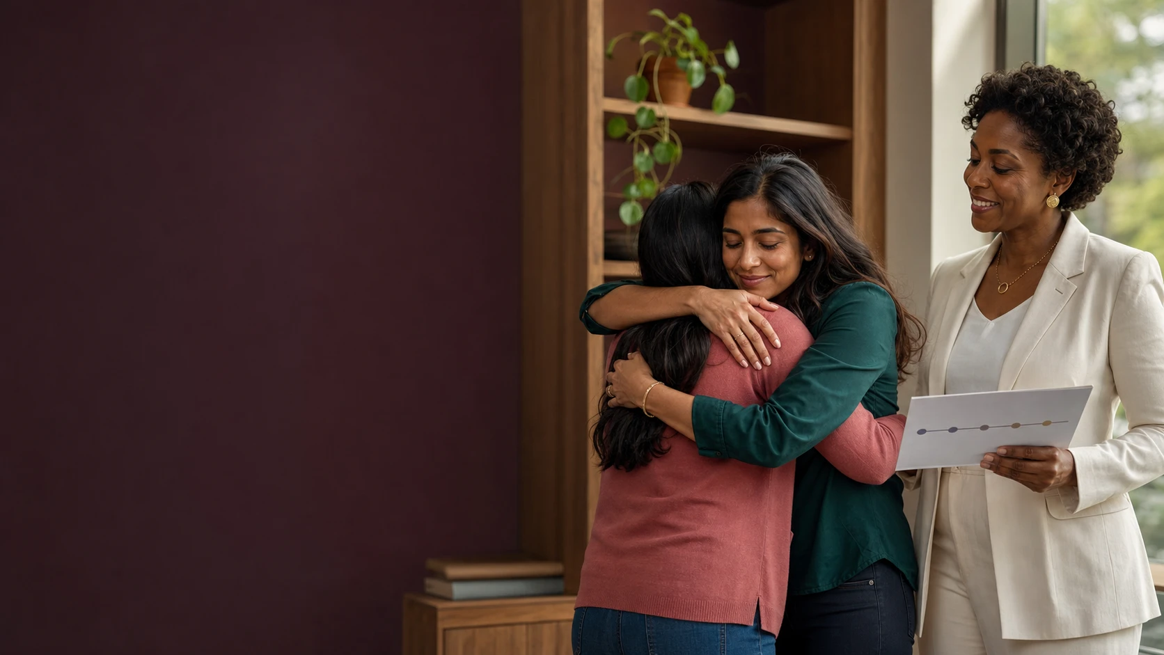 Two women embrace after a fertility preservation consultation