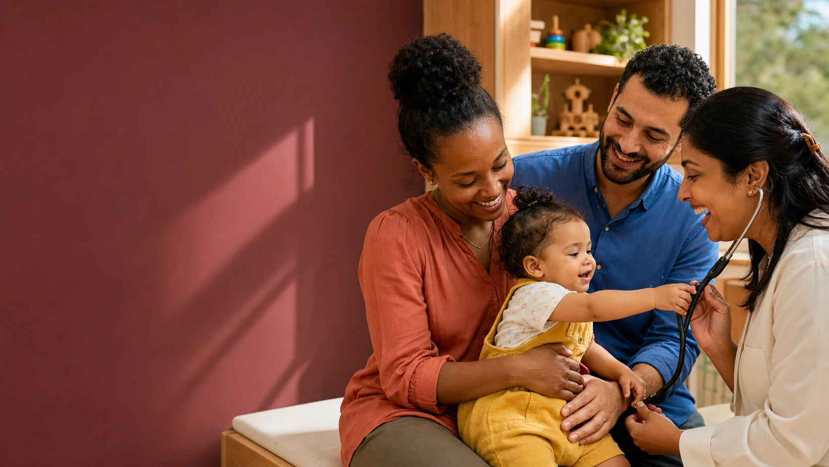 Parents and their baby share a warm moment with a pediatric clinician