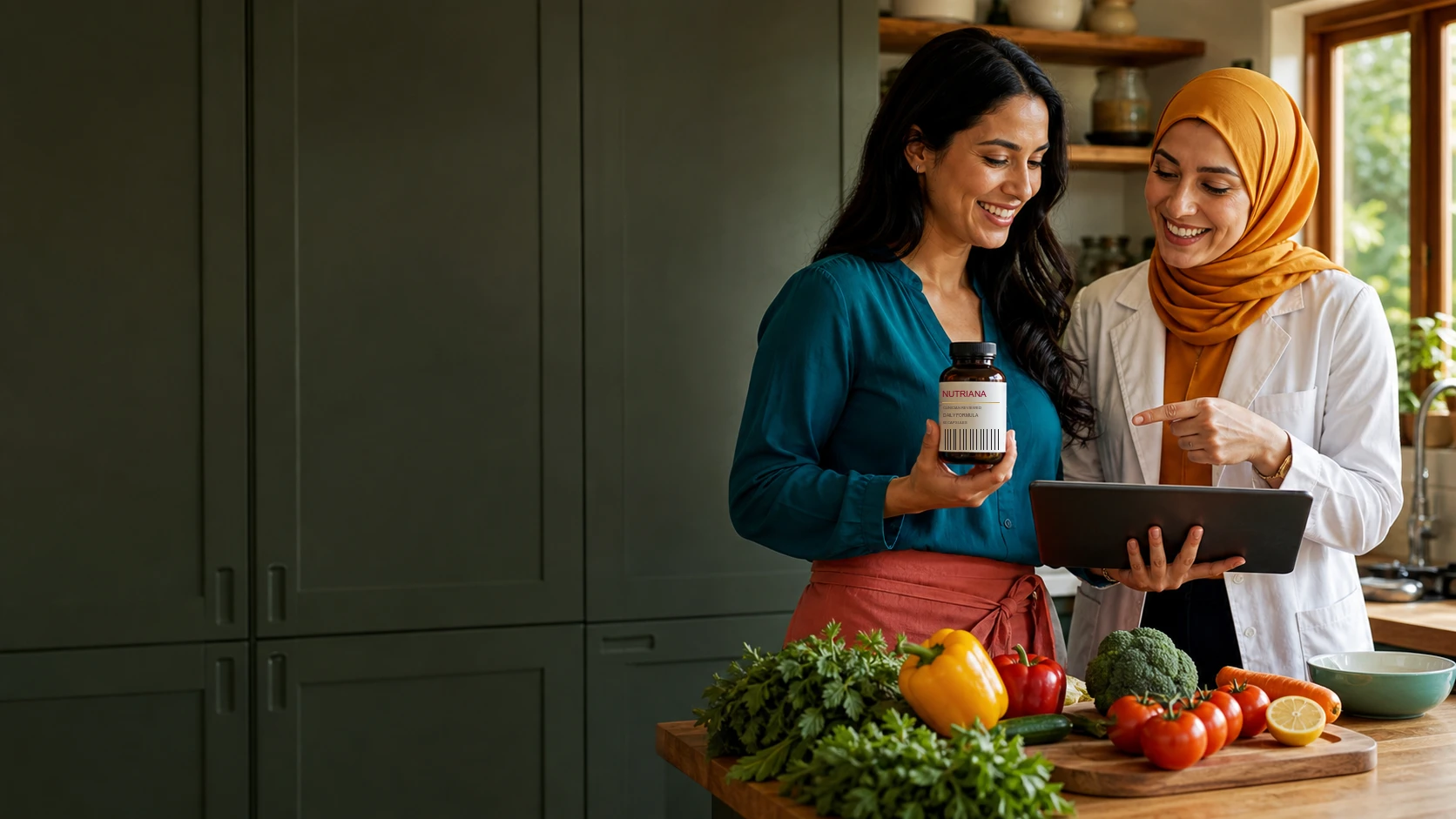 A woman reviews a labelled supplement bottle with a dietitian