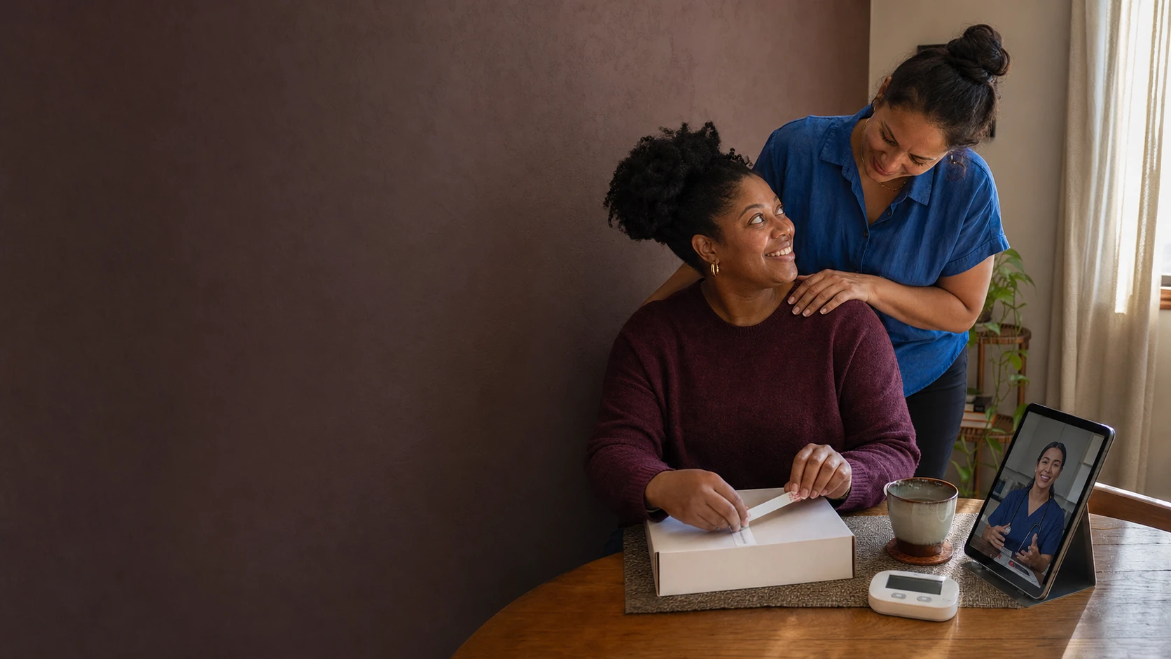 A woman prepares an at-home test kit with support from her partner and a nurse on video