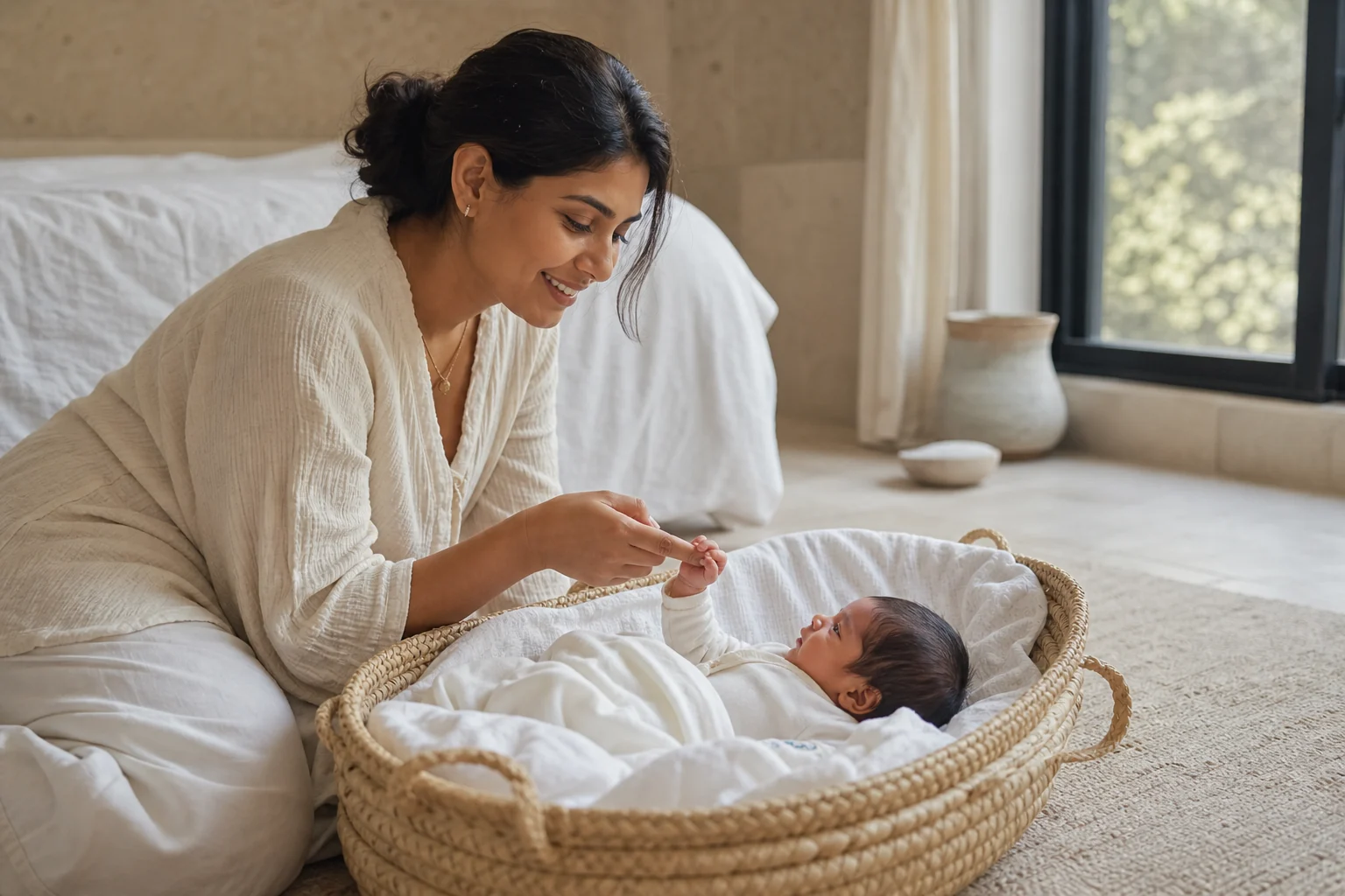 A mother and newborn sharing a quiet moment at home