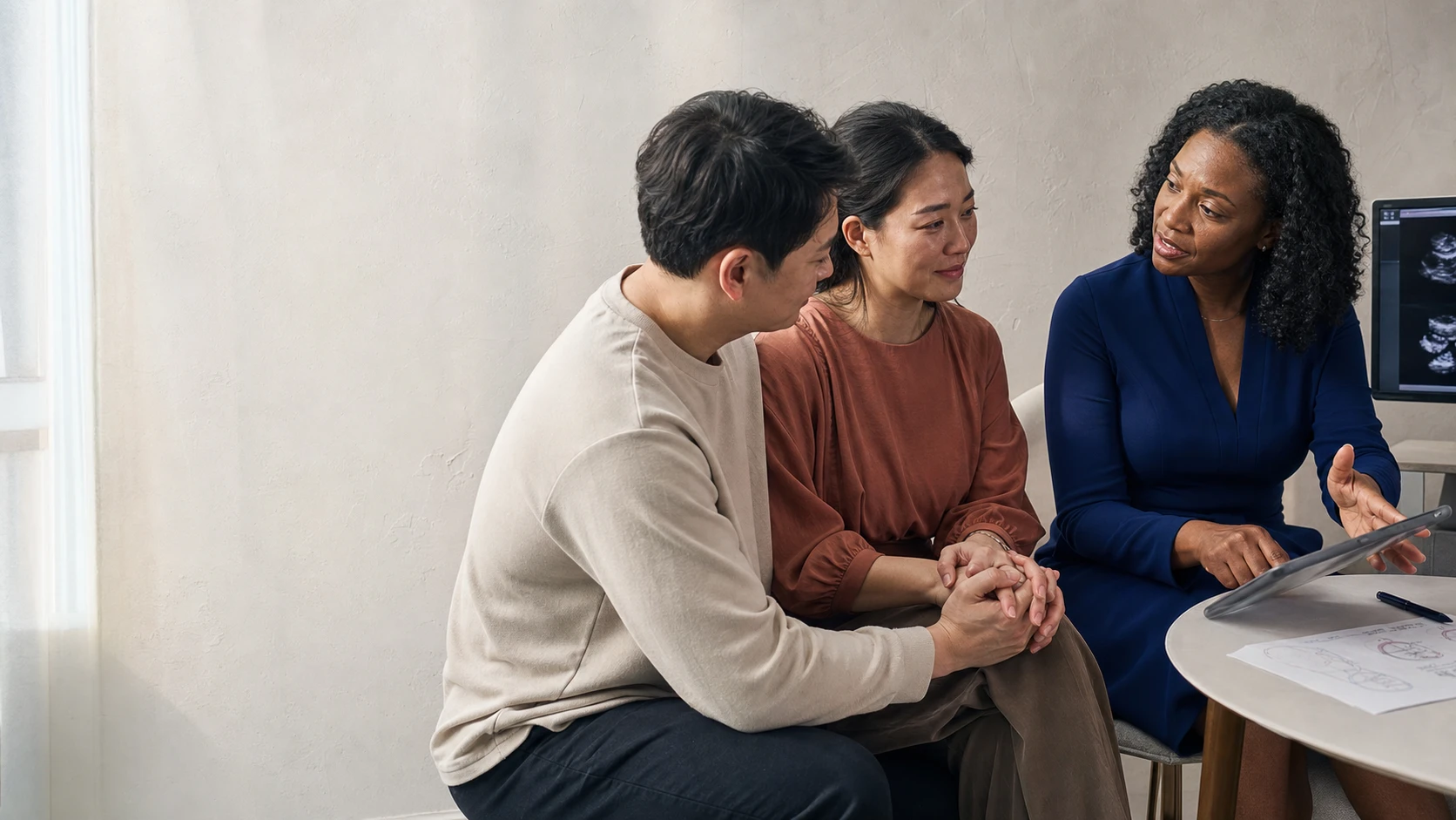 A couple and fertility specialist reviewing treatment information together