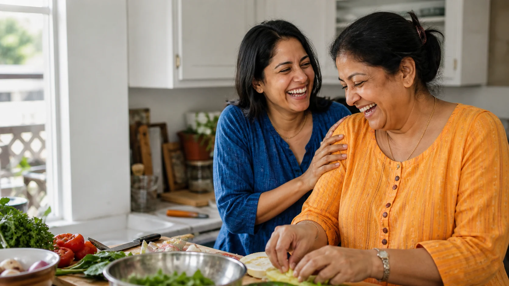 A mother and her adult daughter sharing unguarded laughter while cooking together at home