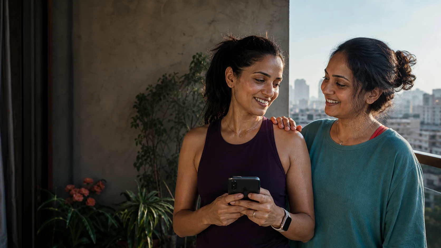 Dos mujeres revisan juntos la información de salud por teléfono
