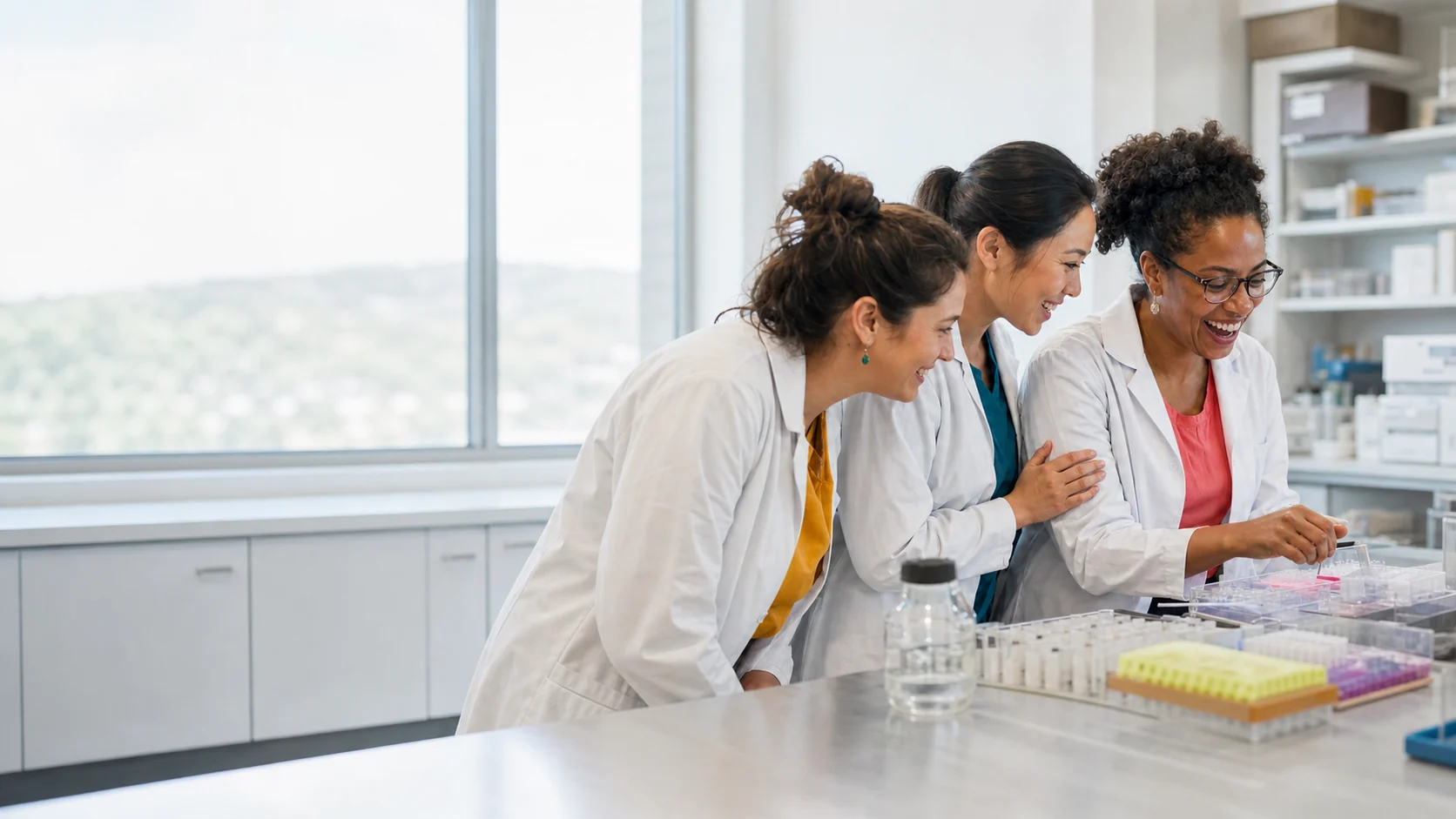 A diverse team of women researchers sharing an unguarded moment of discovery in a biomedical laboratory