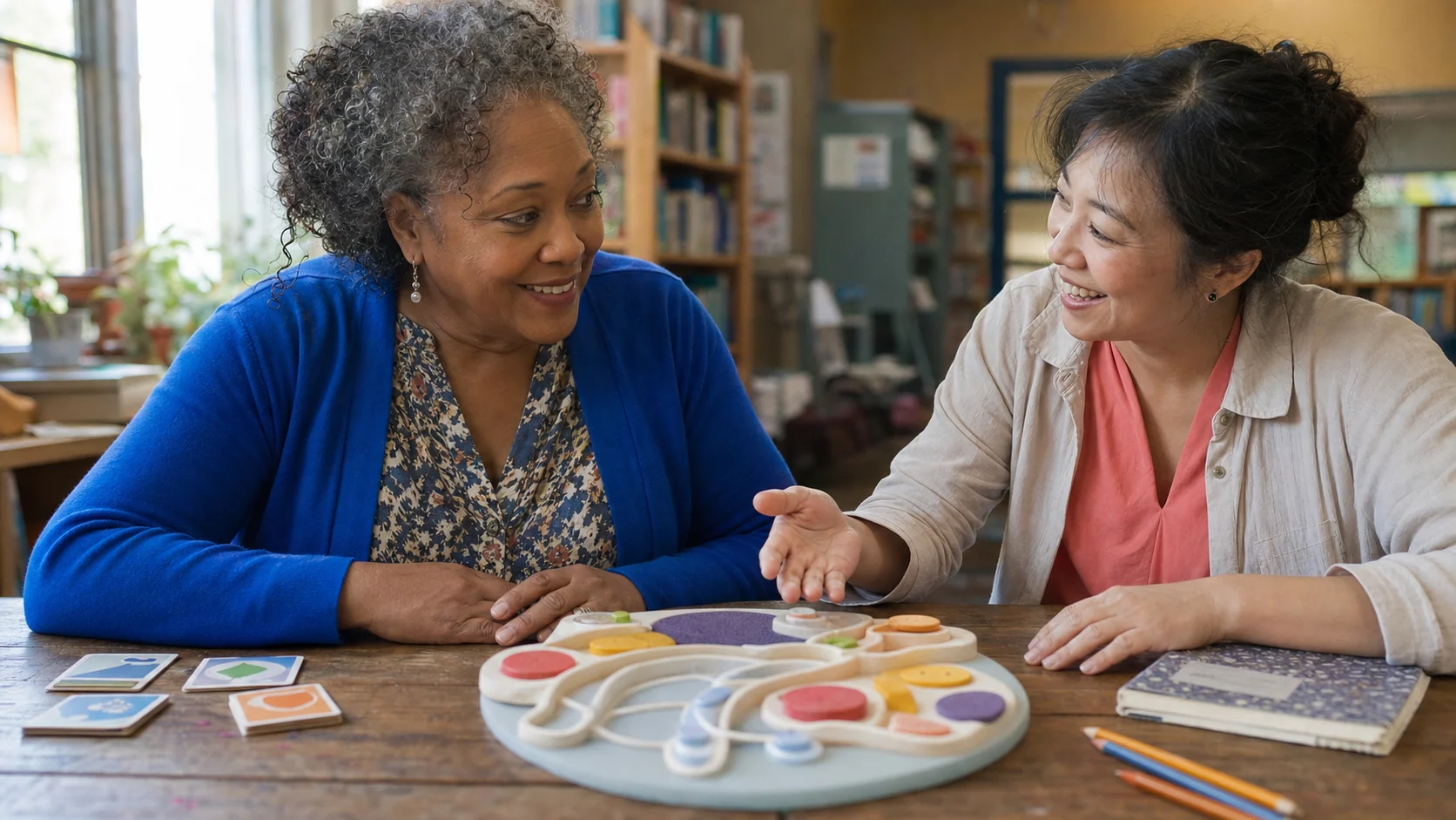 A researcher and community participant exchanging ideas over an accessible health-science exhibit